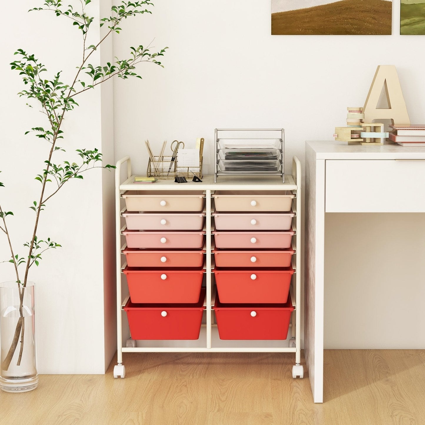 12-Drawer Rolling Storage Cart with Removable Drawers and Lockable Wheels, Pink File Cabinets   at Gallery Canada