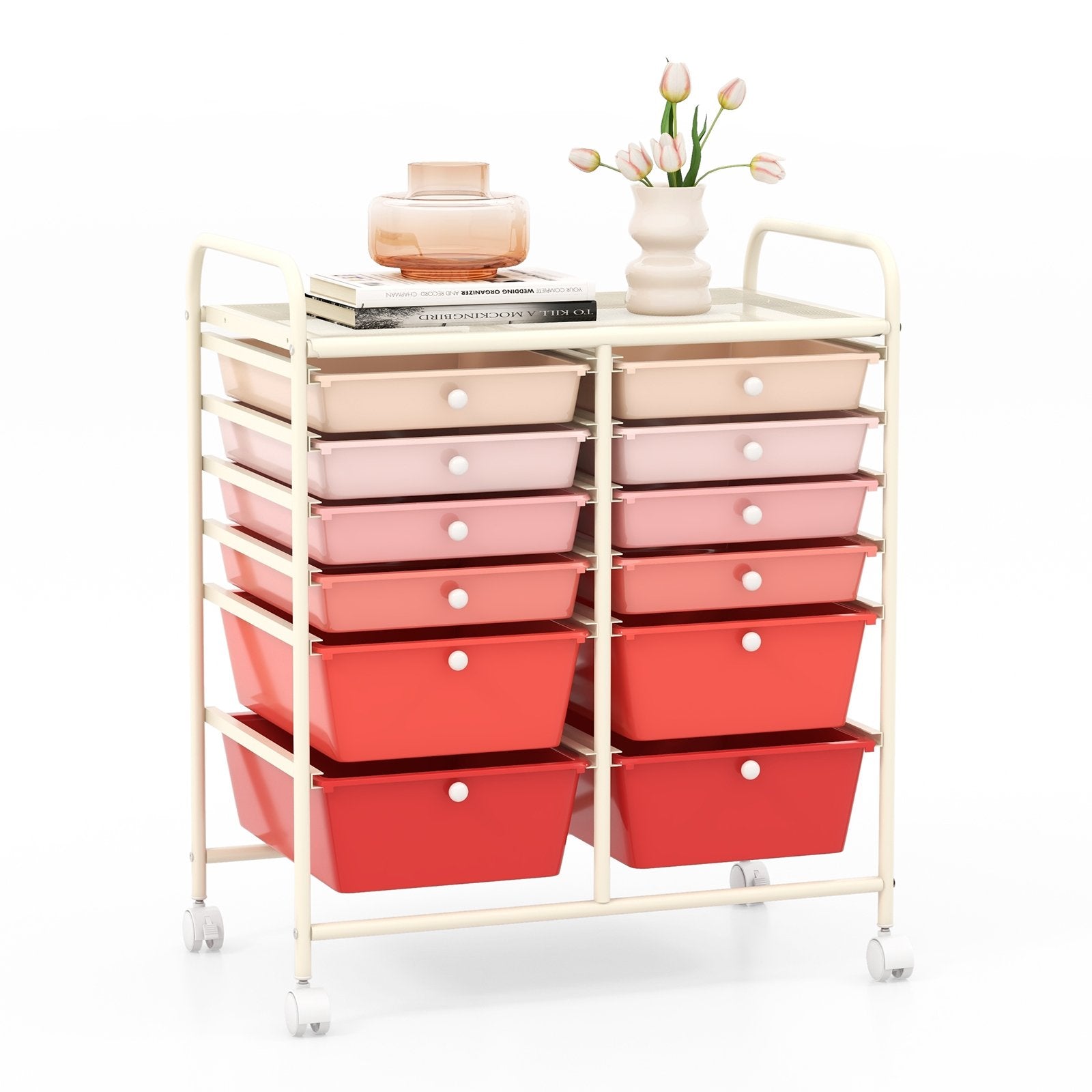 12-Drawer Rolling Storage Cart with Removable Drawers and Lockable Wheels, Pink File Cabinets   at Gallery Canada