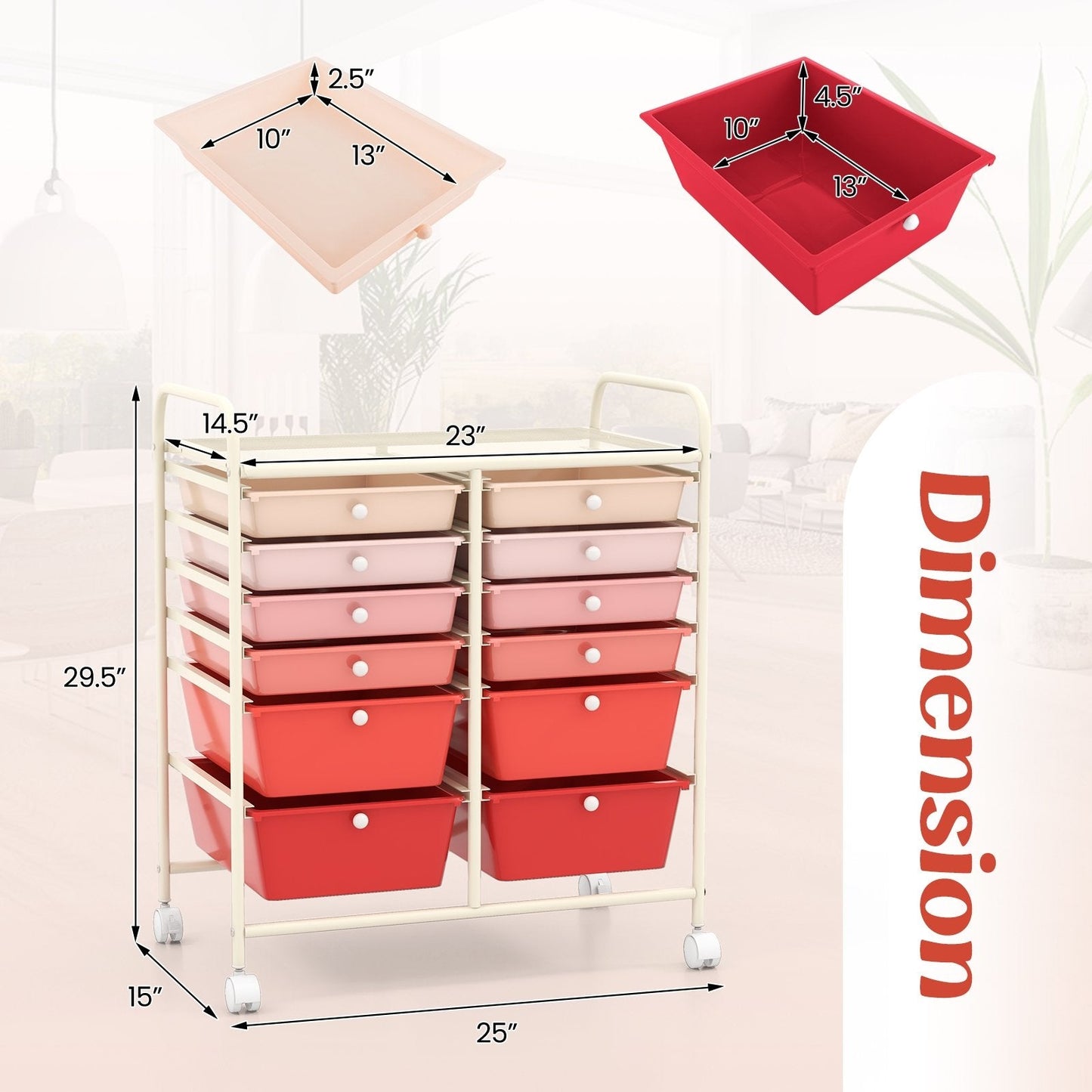 12-Drawer Rolling Storage Cart with Removable Drawers and Lockable Wheels, Pink File Cabinets   at Gallery Canada