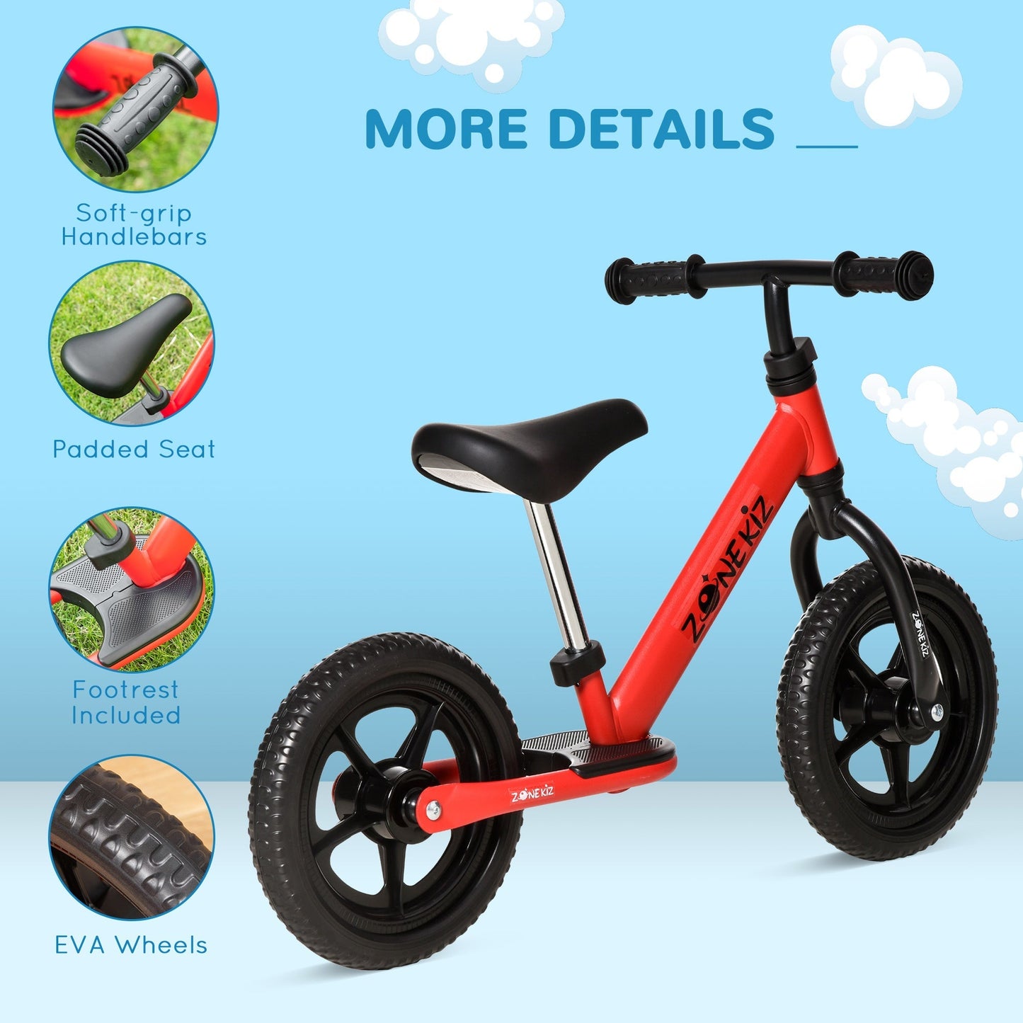 12" Kids Balance Bike No Pedal Bicycle Adjustable Seat and Handlebar Training Toddler Bike 3 - 5 Years Red Tricycles for Kids   at Gallery Canada