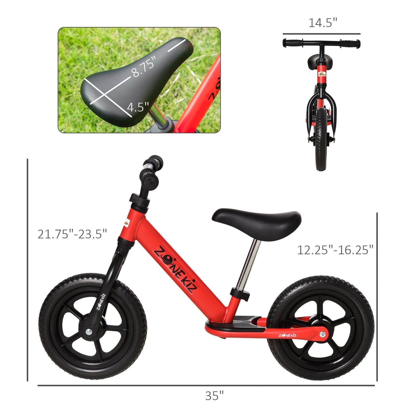 12" Kids Balance Bike No Pedal Bicycle Adjustable Seat and Handlebar Training Toddler Bike 3 - 5 Years Red - Gallery Canada