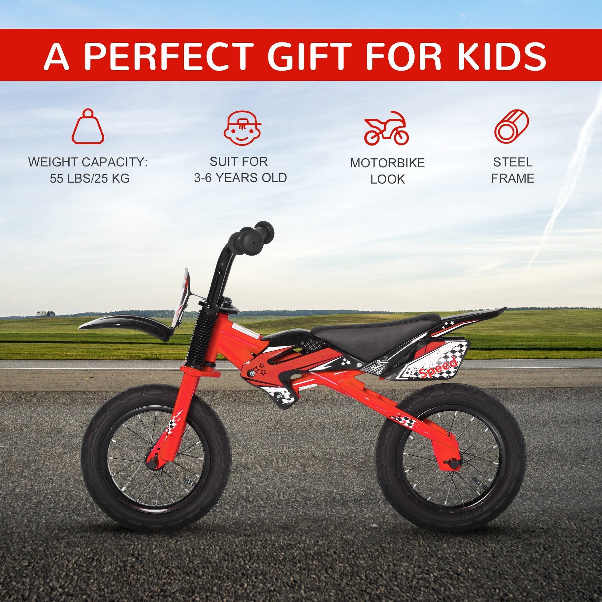 12" Kids Balance Bike, No Pedal Training Bicycle, Motorbike Look, Steel Frame, with Air Filled Tires, Handlebar, PU Seat, for 3-6 Years Old, Red Tricycles for Kids   at Gallery Canada
