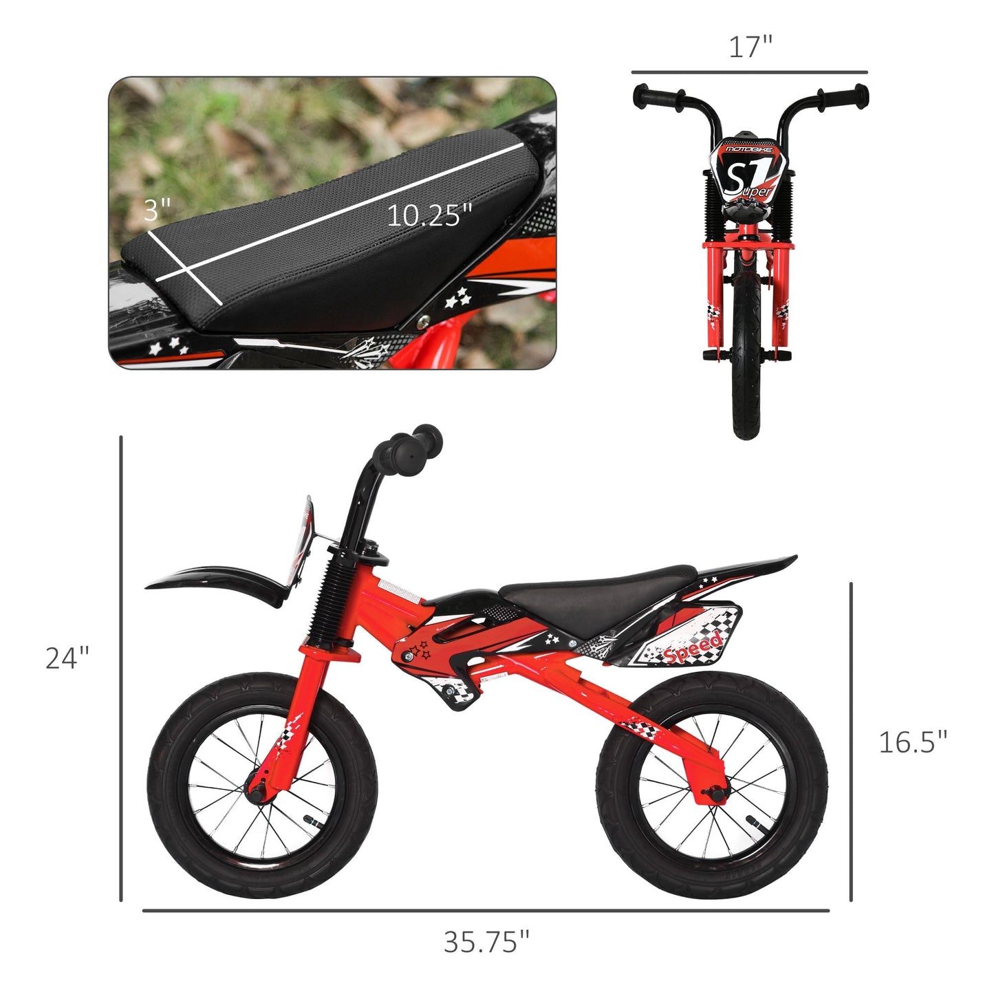 12" Kids Balance Bike, No Pedal Training Bicycle, Motorbike Look, Steel Frame, with Air Filled Tires, Handlebar, PU Seat, for 3-6 Years Old, Red Tricycles for Kids   at Gallery Canada