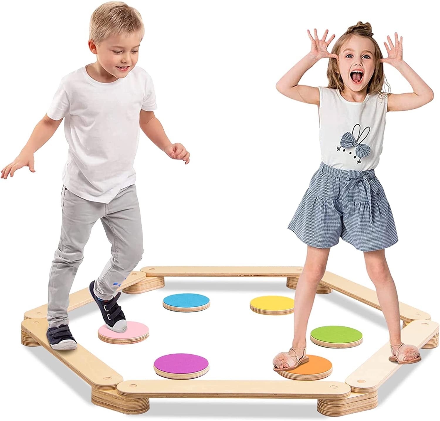 12-Piece Kids Wooden Balance Beam with Colorful Steeping Stones, Natural Toy Sports   at Gallery Canada