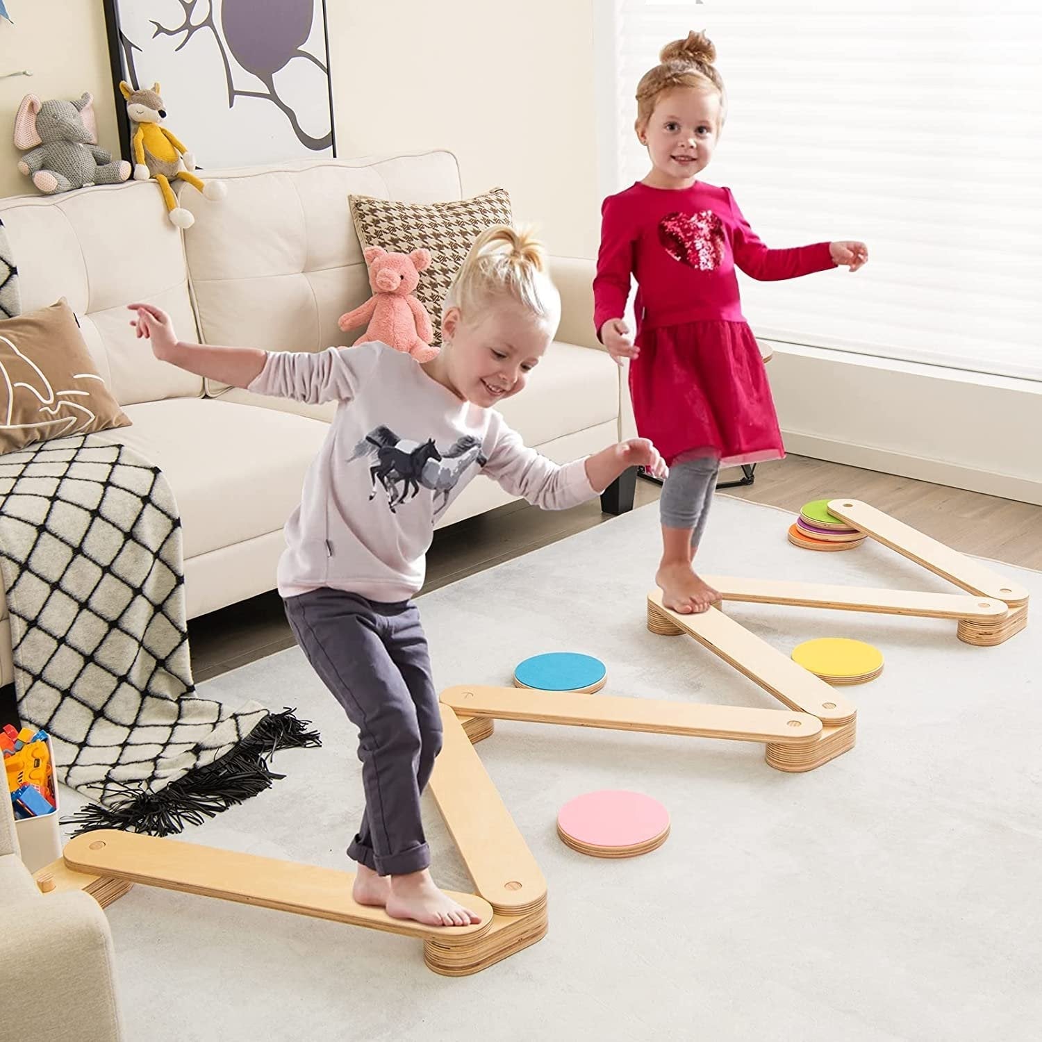 12-Piece Kids Wooden Balance Beam with Colorful Steeping Stones, Natural Toy Sports   at Gallery Canada