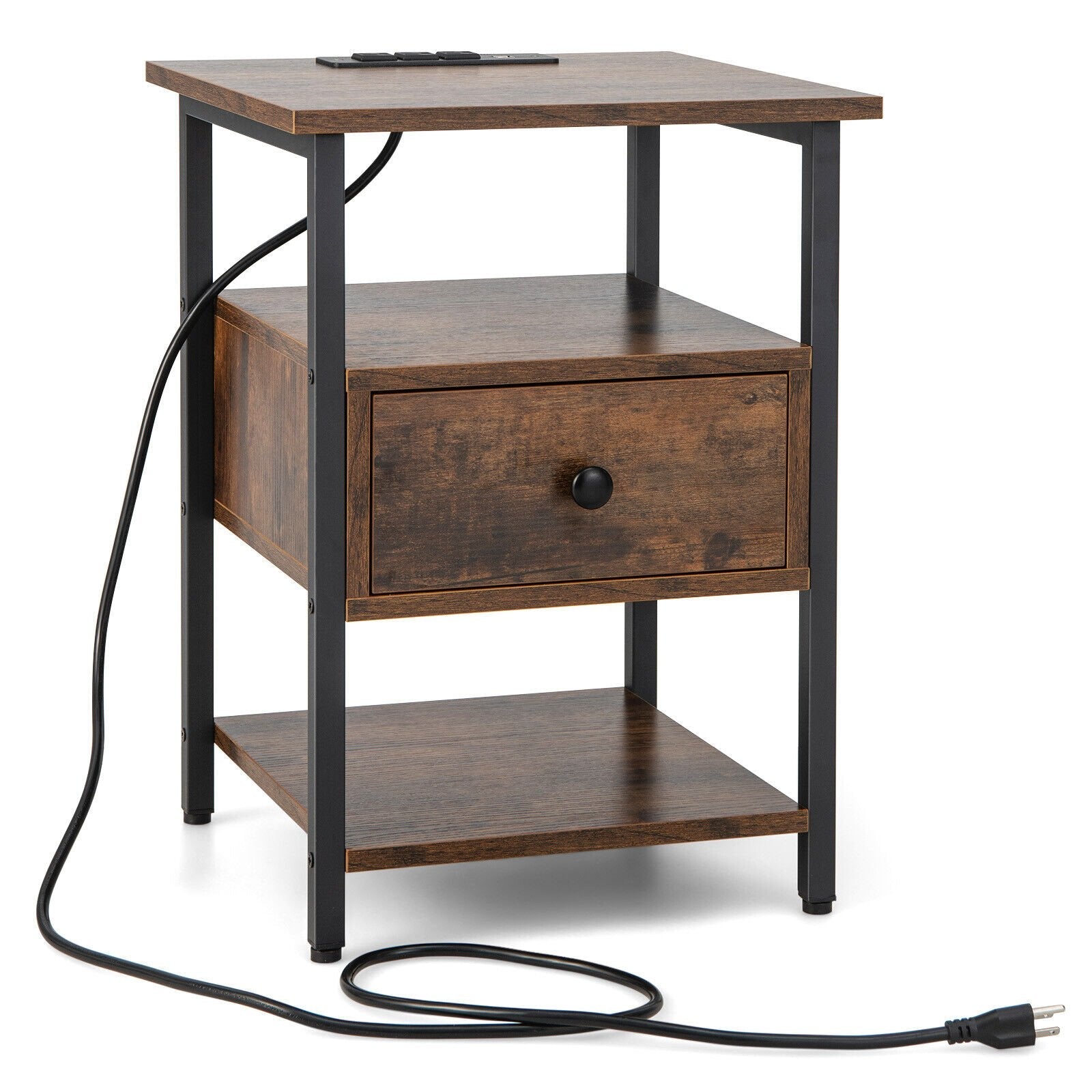 1/2 Pieces 3-Tier Nightstand with Charging Station and Drawer-1 Piece, Rustic Brown Nightstands   at Gallery Canada