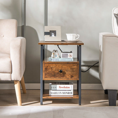 1/2 Pieces 3-Tier Nightstand with Charging Station and Drawer-1 Piece, Rustic Brown Nightstands   at Gallery Canada