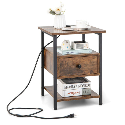 1/2 Pieces 3-Tier Nightstand with Charging Station and Drawer-1 Piece, Rustic Brown Nightstands   at Gallery Canada