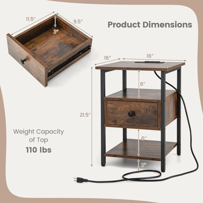 1/2 Pieces 3-Tier Nightstand with Charging Station and Drawer-1 Piece, Rustic Brown Nightstands   at Gallery Canada