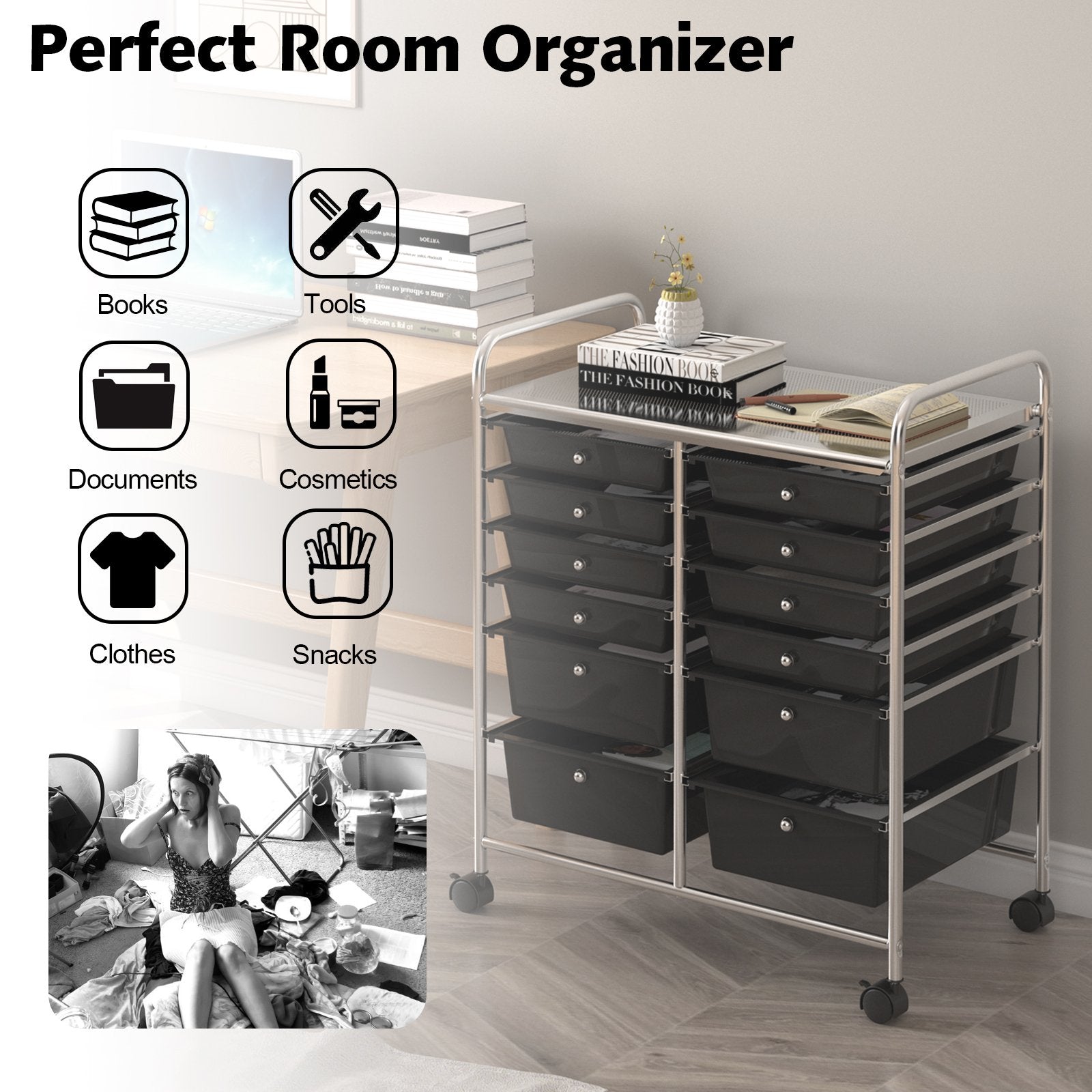 12 Storage Drawer Organizer Bins Rolling Cart, Black File Cabinets   at Gallery Canada