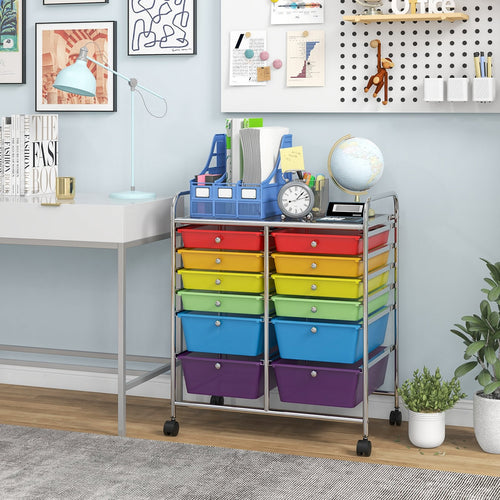 12 Storage Drawer Organizer Bins Rolling Cart, Sheer Rainbow