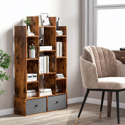 12-Tier Open-Back Freestanding Bookshelf with Drawer, Rustic Brown Bookcases   at Gallery Canada