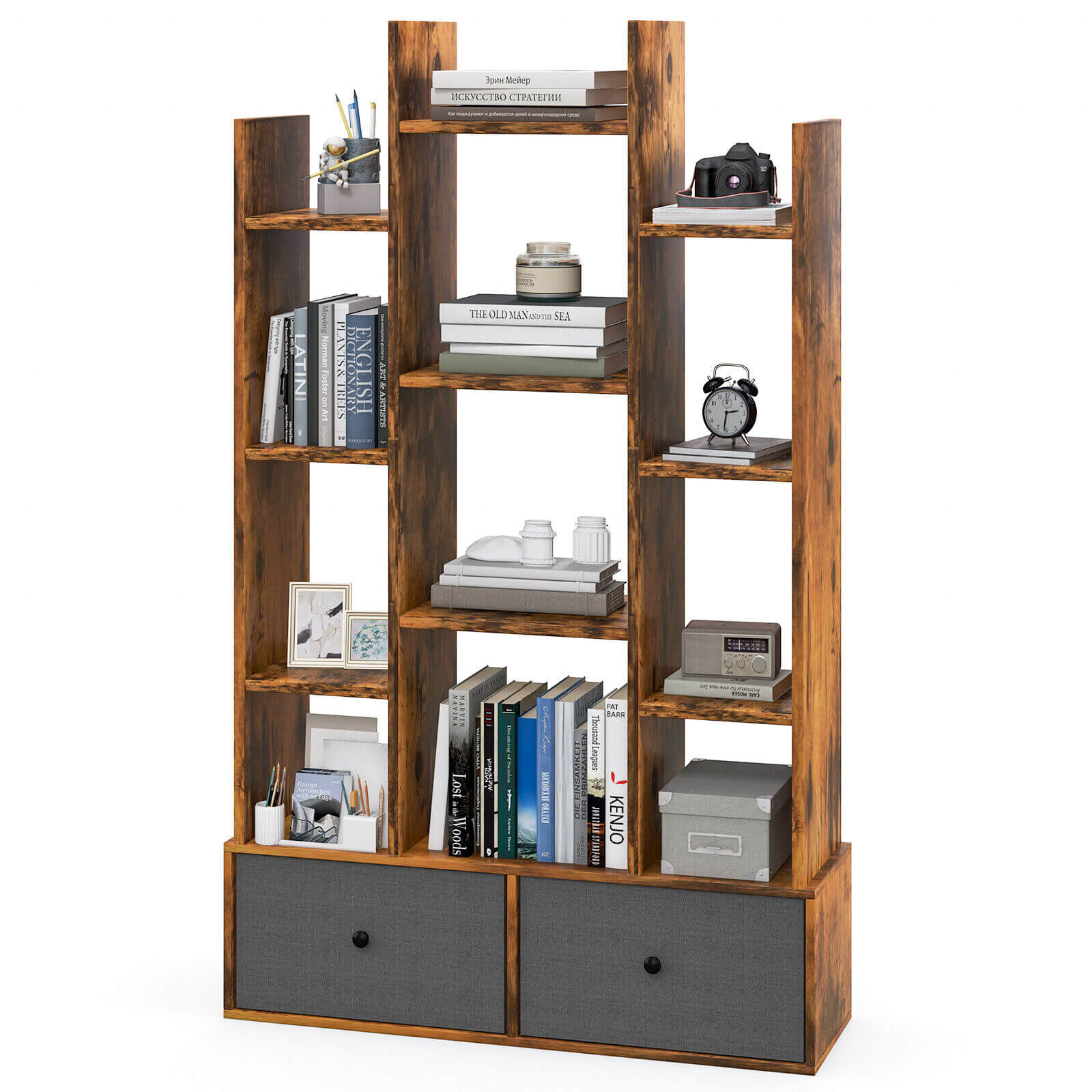 12-Tier Open-Back Freestanding Bookshelf with Drawer, Rustic Brown Bookcases   at Gallery Canada