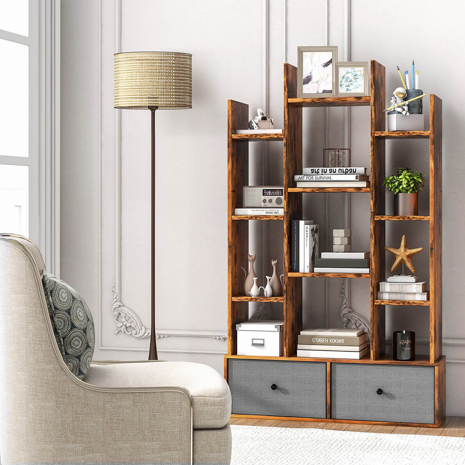 12-Tier Open-Back Freestanding Bookshelf with Drawer, Rustic Brown Bookcases   at Gallery Canada