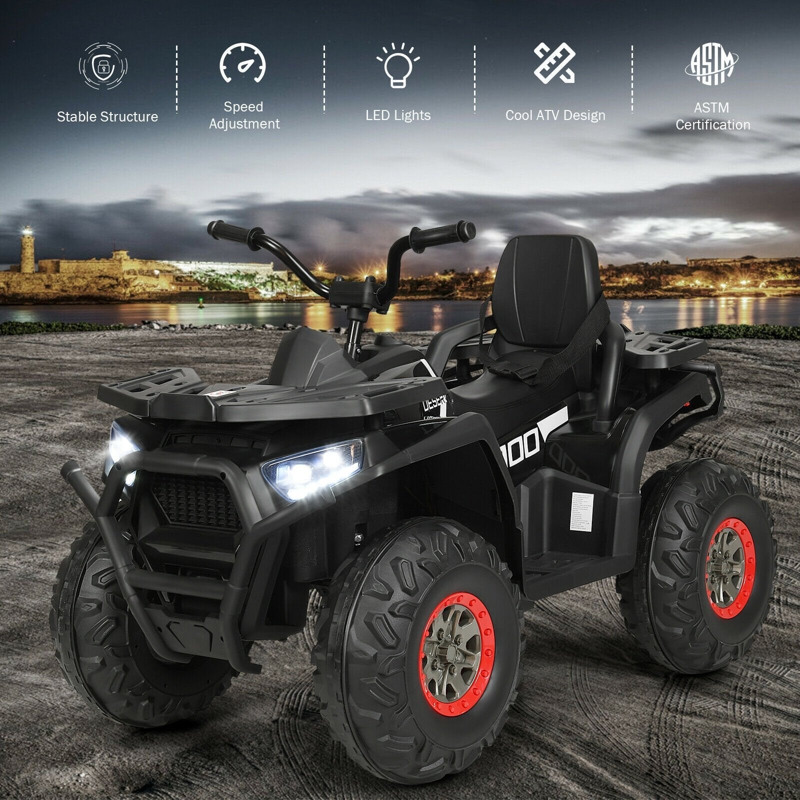 12 V Kids Electric 4-Wheeler ATV Quad with MP3 and LED Lights, Black Powered Ride On Toys   at Gallery Canada