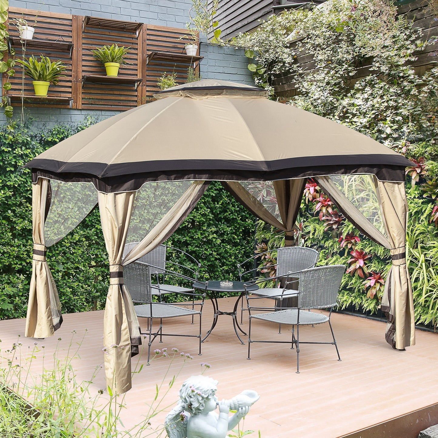 12' x 10' 2-Tier Outdoor Gazebo Canopy Tent for Patio with Zippered Mesh Sidewalls, Solid Steel Frame, Arched Roof, Beige Gazebos   at Gallery Canada