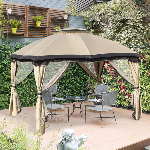 12' x 10' 2-Tier Outdoor Gazebo Canopy Tent for Patio with Zippered Mesh Sidewalls, Solid Steel Frame, Arched Roof, Beige