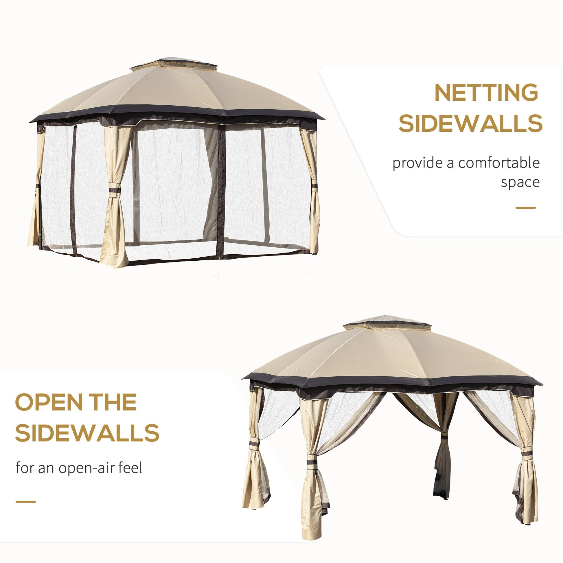 12' x 10' 2-Tier Outdoor Gazebo Canopy Tent for Patio with Zippered Mesh Sidewalls, Solid Steel Frame, Arched Roof, Beige Gazebos   at Gallery Canada