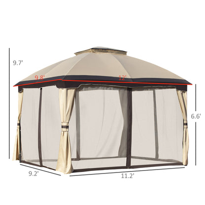 12' x 10' 2-Tier Outdoor Gazebo Canopy Tent for Patio with Zippered Mesh Sidewalls, Solid Steel Frame, Arched Roof, Beige Gazebos   at Gallery Canada