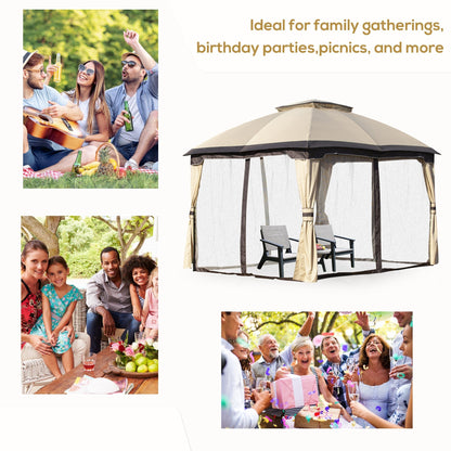 12' x 10' 2-Tier Outdoor Gazebo Canopy Tent for Patio with Zippered Mesh Sidewalls, Solid Steel Frame, Arched Roof, Beige Gazebos   at Gallery Canada