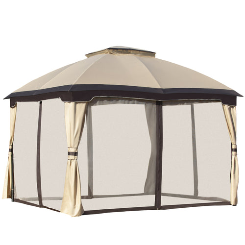 12' x 10' 2-Tier Outdoor Gazebo Canopy Tent for Patio with Zippered Mesh Sidewalls, Solid Steel Frame, Arched Roof, Beige