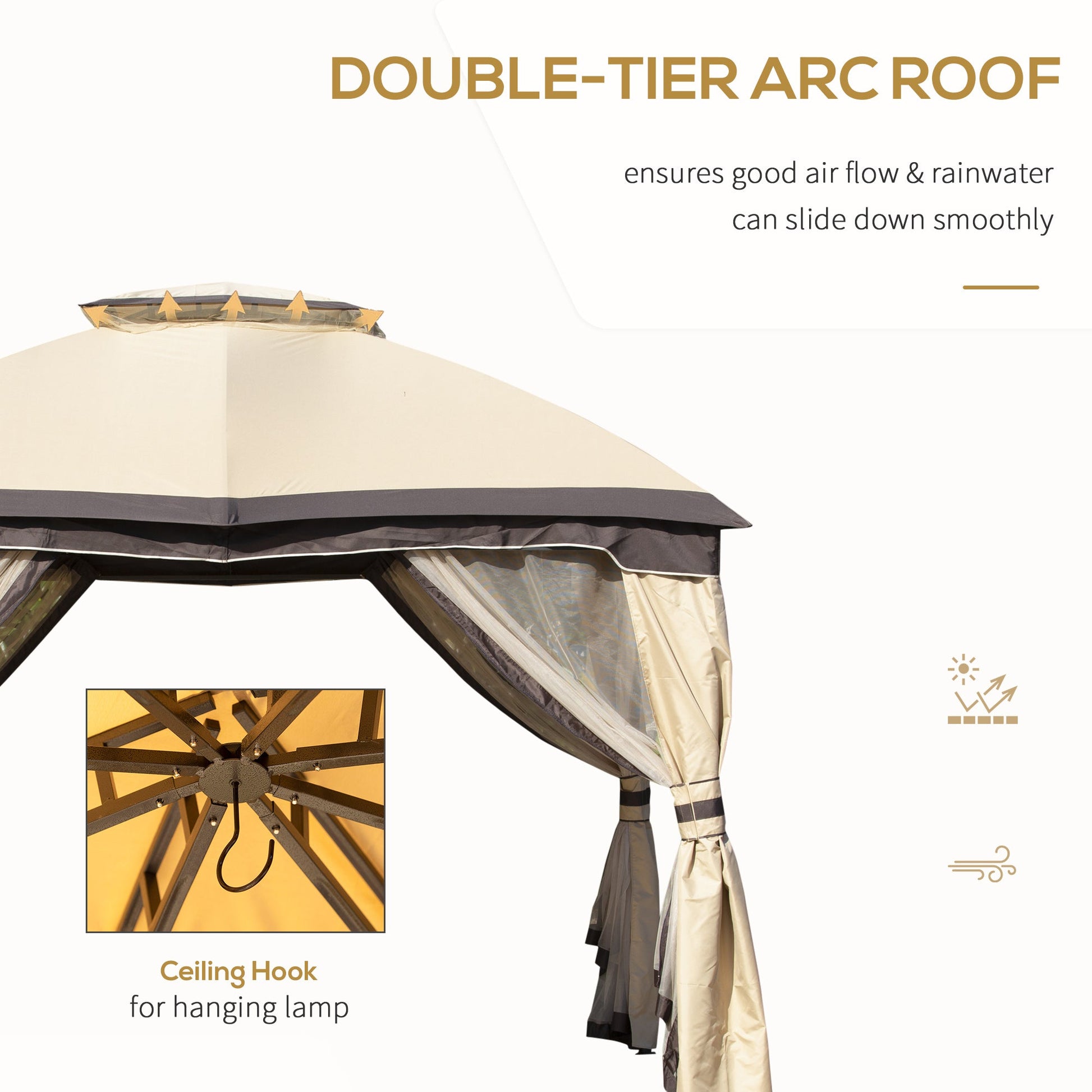 12' x 10' 2-Tier Outdoor Gazebo Canopy Tent for Patio with Zippered Mesh Sidewalls, Solid Steel Frame, Arched Roof, Beige Gazebos   at Gallery Canada