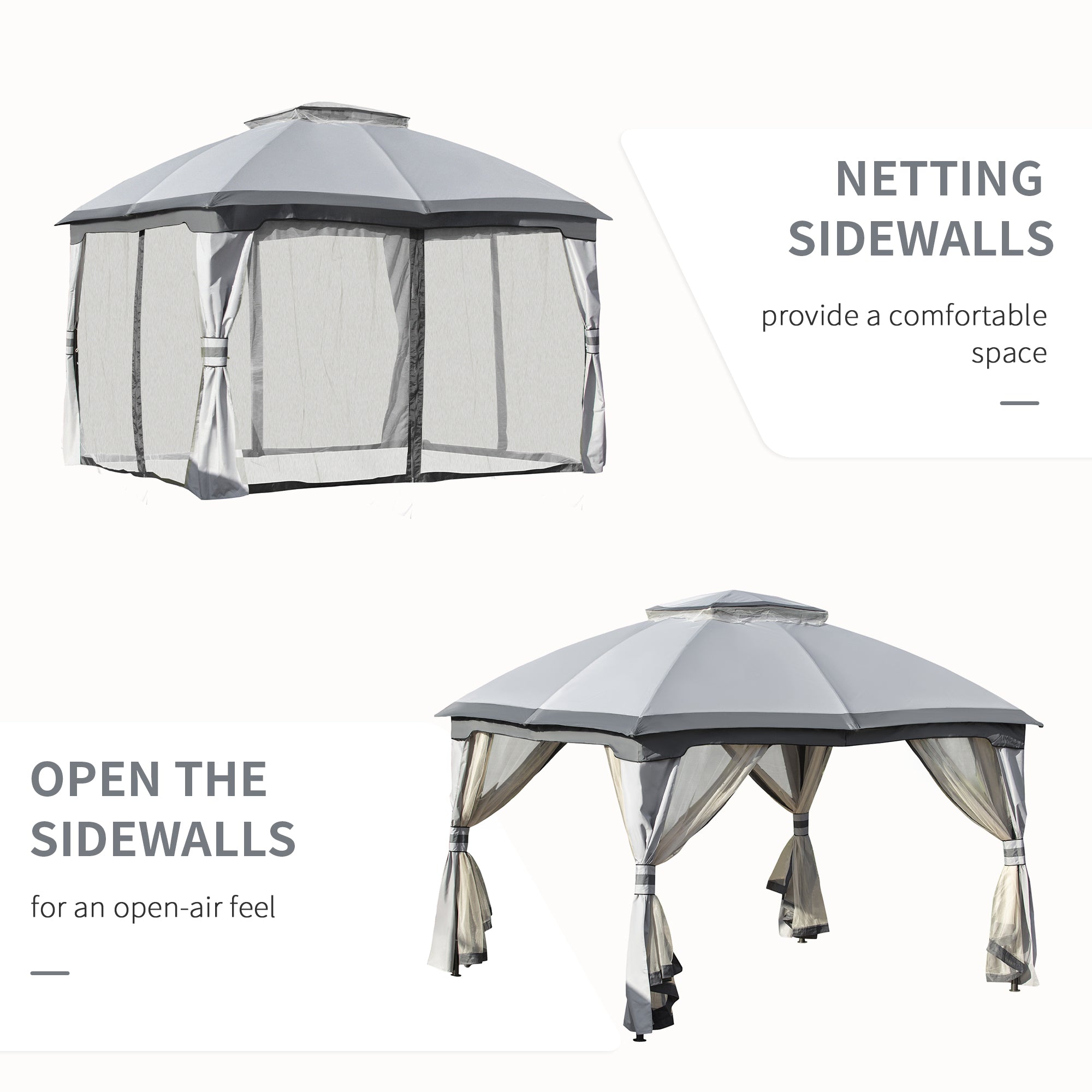 12' x 10' 2-Tier Outdoor Gazebo Canopy Tent for Patio with Zippered Mesh Sidewalls, Solid Steel Frame, Arched Roof, Grey Gazebos   at Gallery Canada