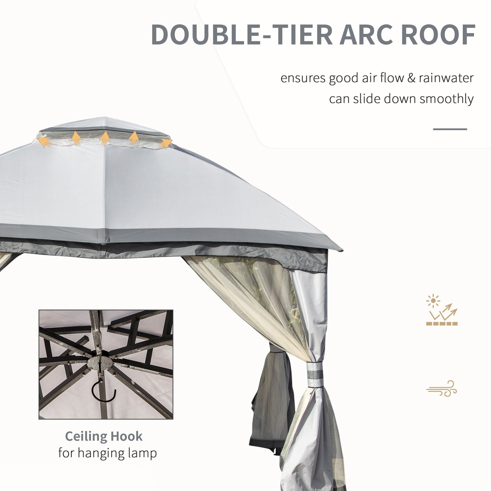 12' x 10' 2-Tier Outdoor Gazebo Canopy Tent for Patio with Zippered Mesh Sidewalls, Solid Steel Frame, Arched Roof, Grey Gazebos   at Gallery Canada