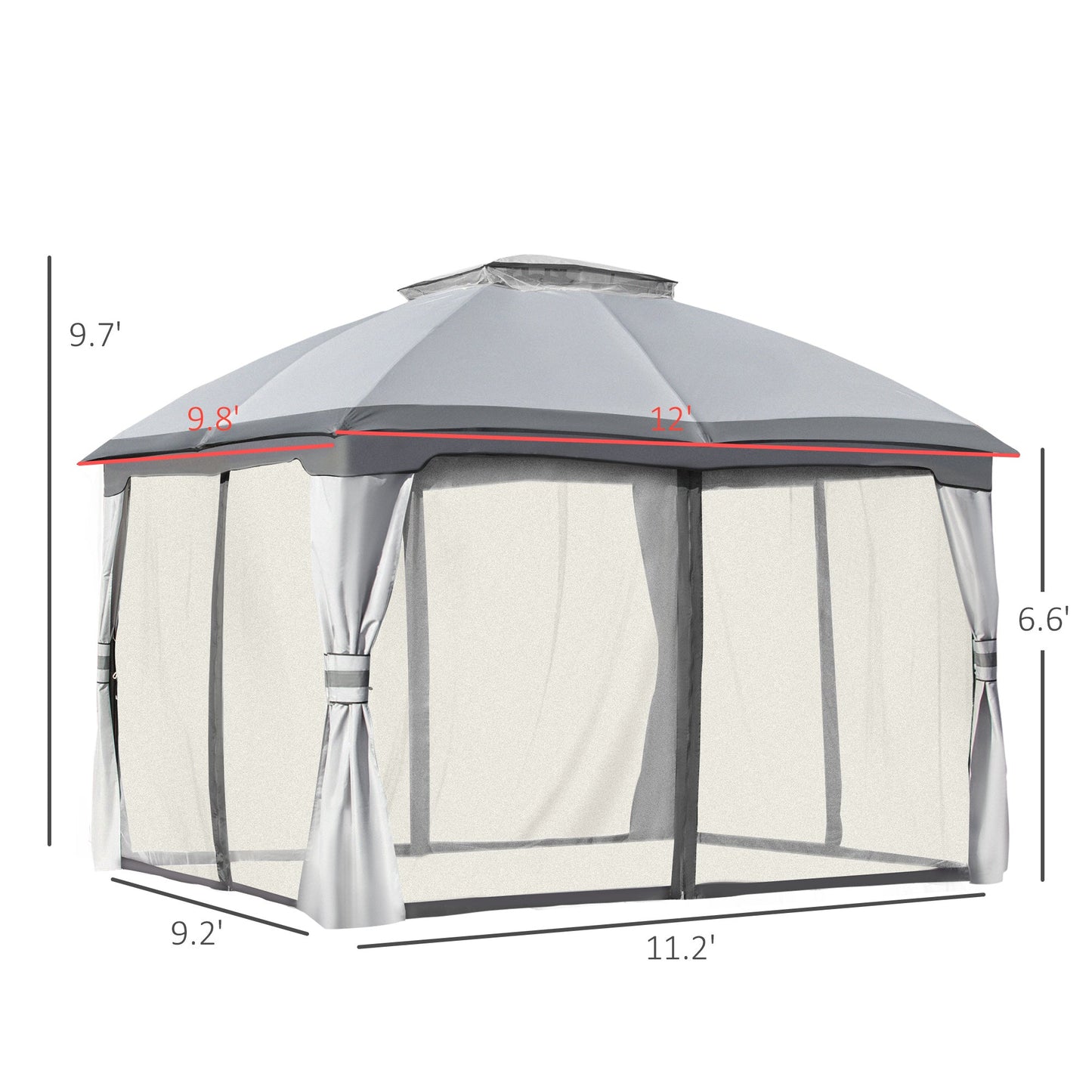 12' x 10' 2-Tier Outdoor Gazebo Canopy Tent for Patio with Zippered Mesh Sidewalls, Solid Steel Frame, Arched Roof, Grey Gazebos   at Gallery Canada