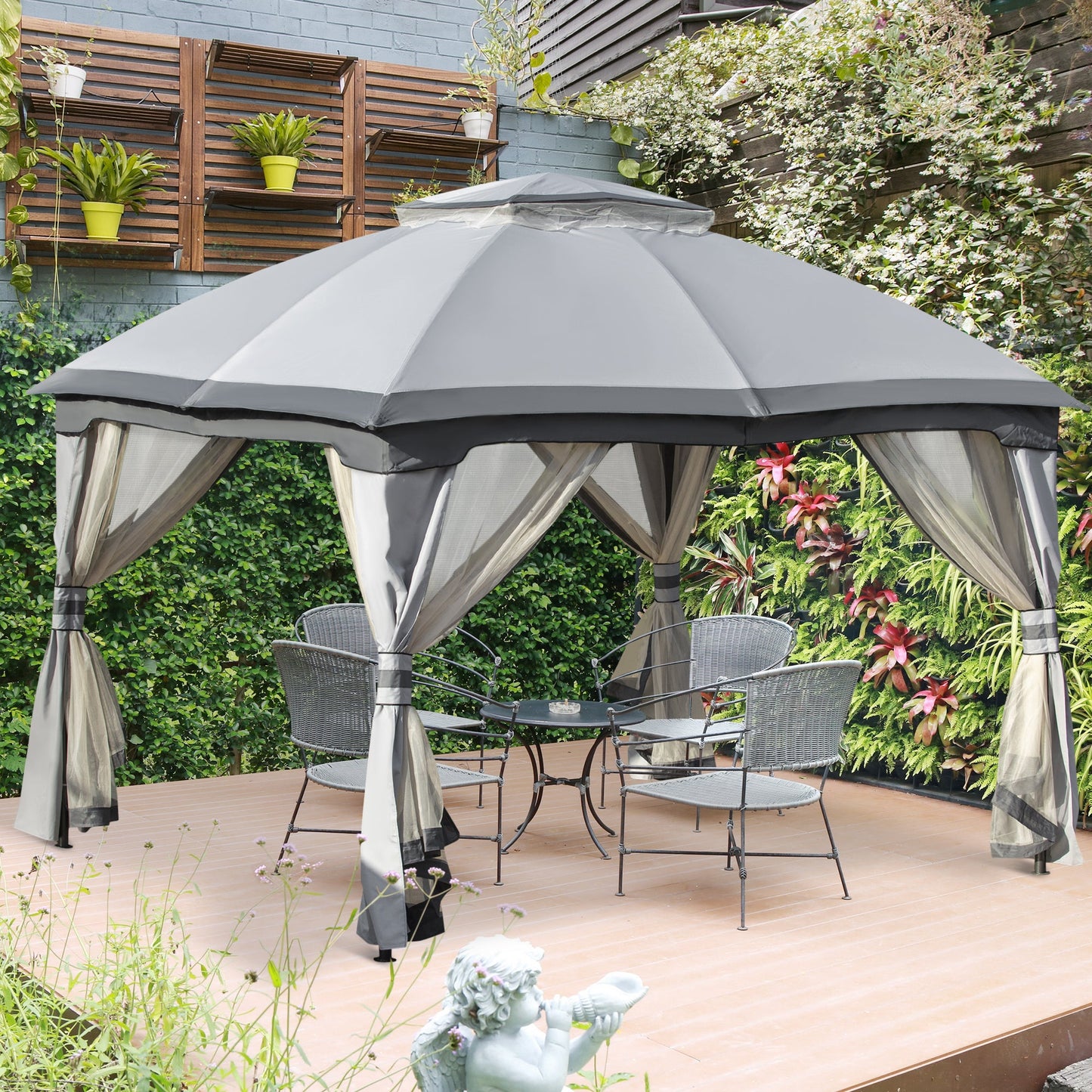 12' x 10' 2-Tier Outdoor Gazebo Canopy Tent for Patio with Zippered Mesh Sidewalls, Solid Steel Frame, Arched Roof, Grey Gazebos   at Gallery Canada