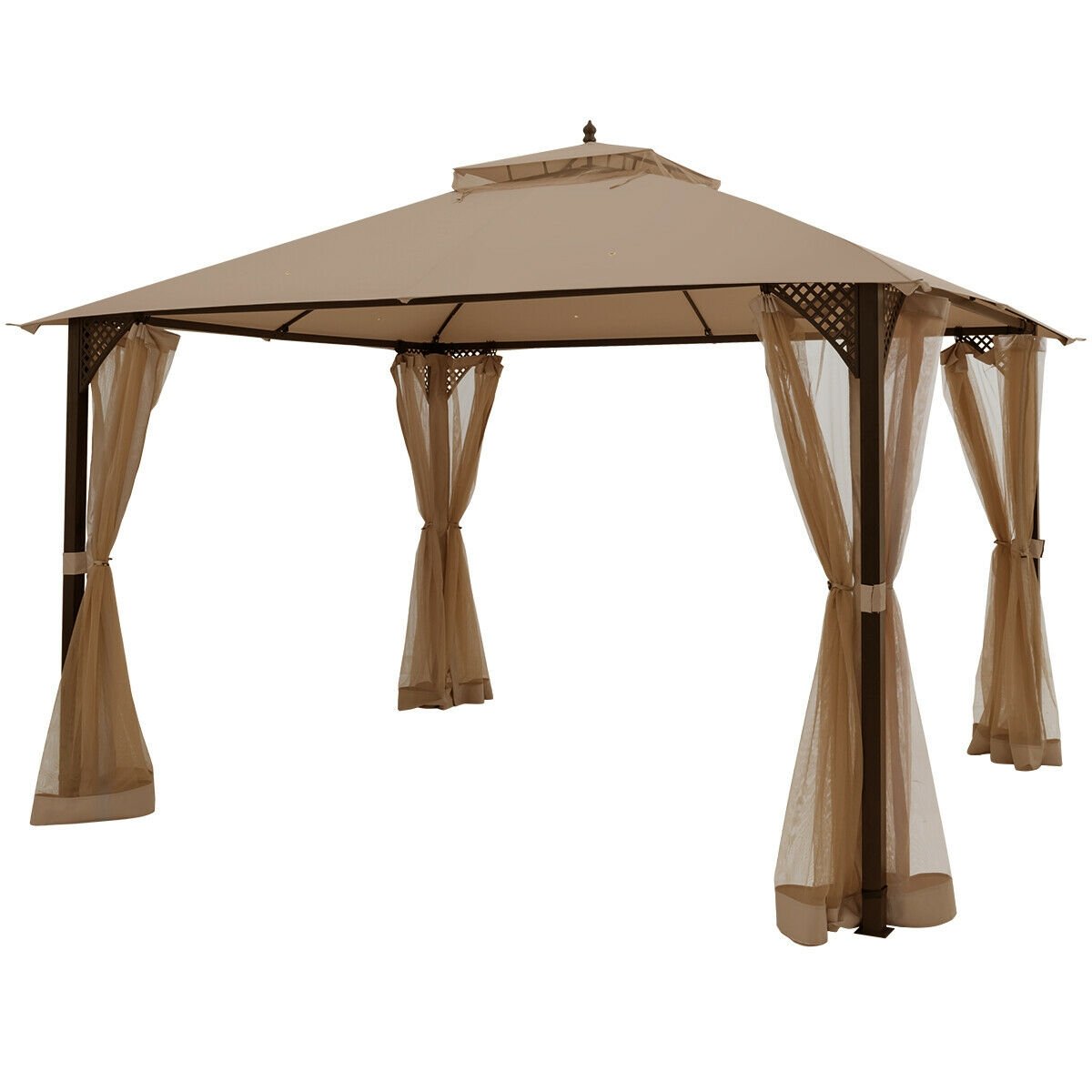 12 x 10 Feet Outdoor Double Top Patio Gazebo with Netting, Brown Gazebos   at Gallery Canada