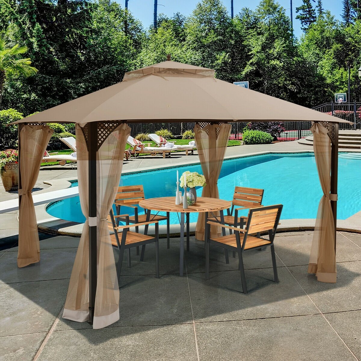 12 x 10 Feet Outdoor Double Top Patio Gazebo with Netting, Brown Gazebos   at Gallery Canada