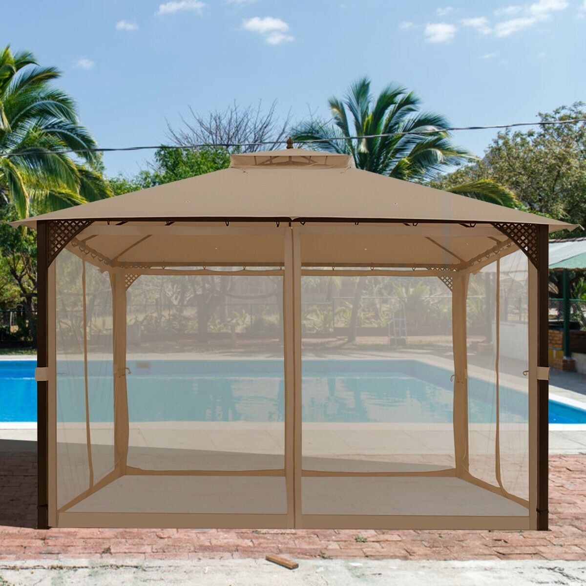 12 x 10 Feet Outdoor Double Top Patio Gazebo with Netting, Brown Gazebos   at Gallery Canada