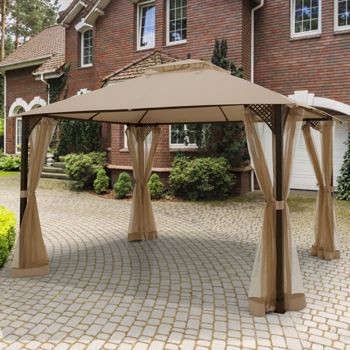 12 x 10 Feet Outdoor Double Top Patio Gazebo with Netting, Brown Gazebos   at Gallery Canada