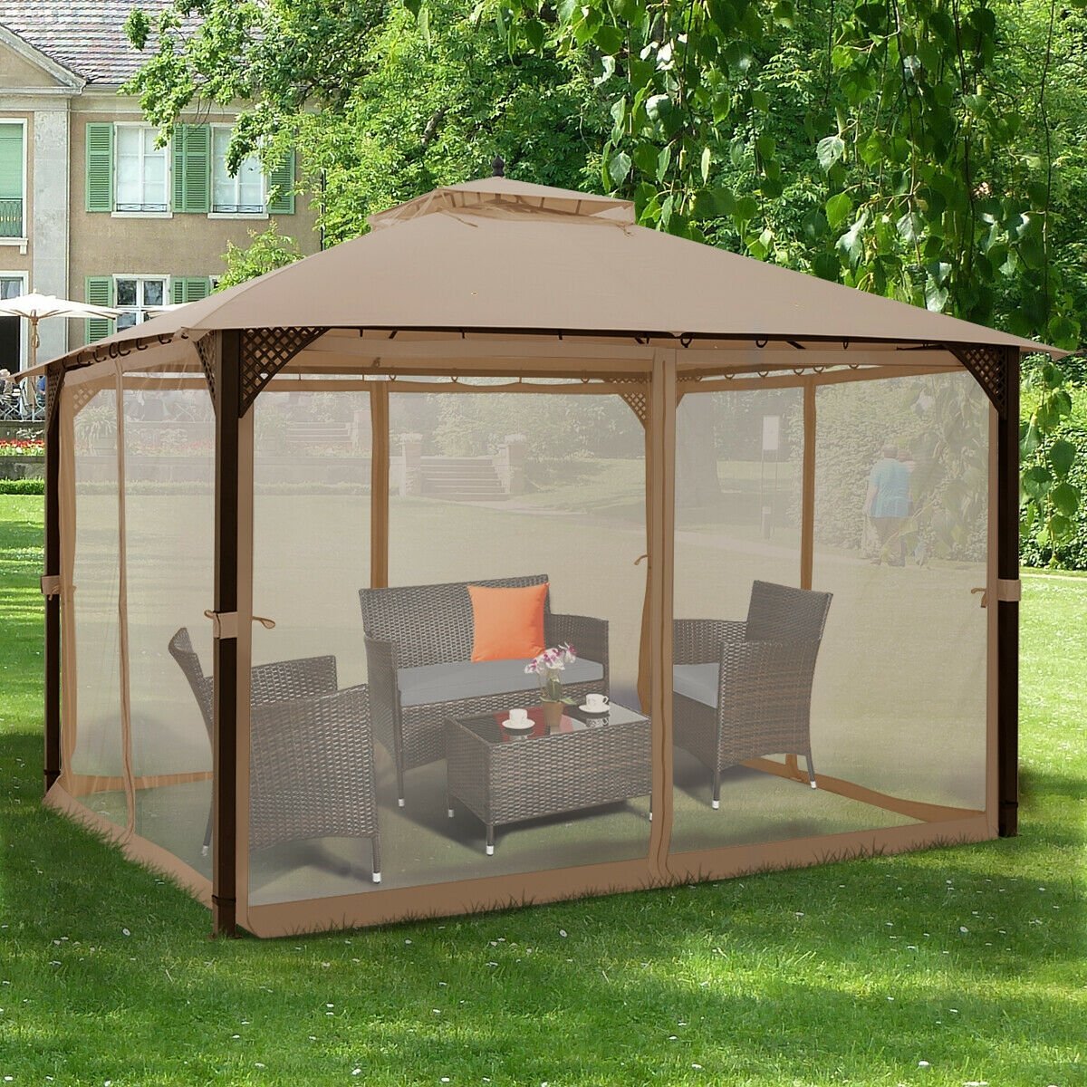 12 x 10 Feet Outdoor Double Top Patio Gazebo with Netting, Brown Gazebos   at Gallery Canada