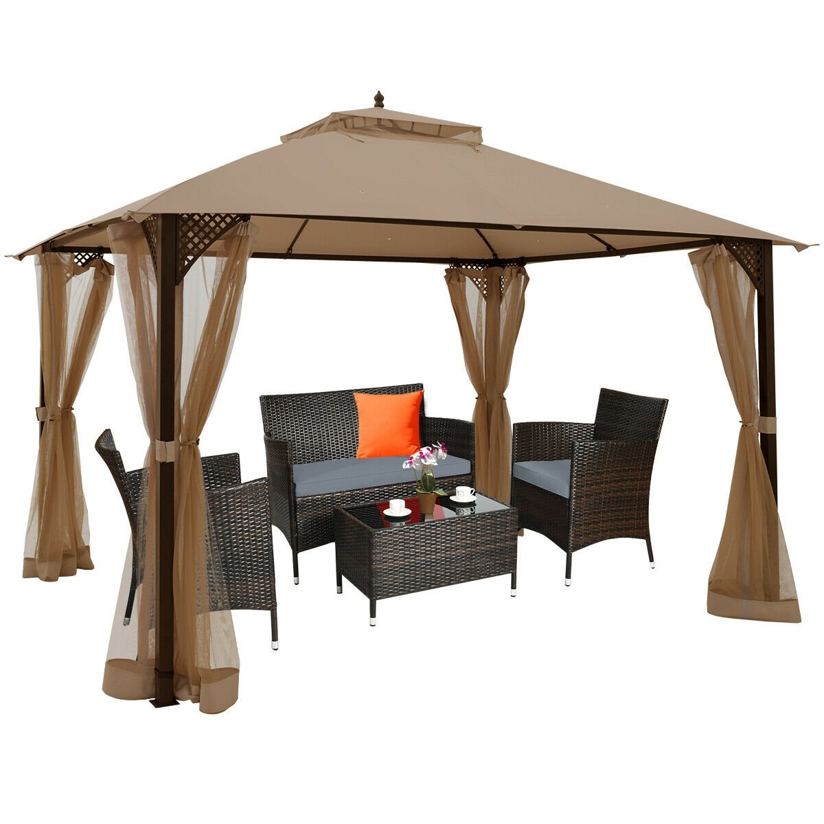 12 x 10 Feet Outdoor Double Top Patio Gazebo with Netting, Brown Gazebos   at Gallery Canada