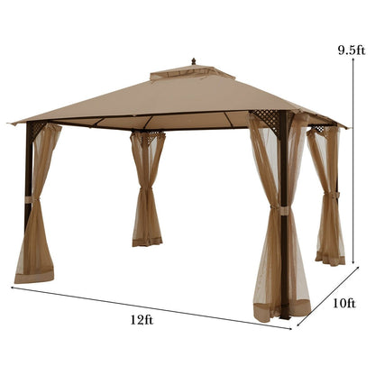 12 x 10 Feet Outdoor Double Top Patio Gazebo with Netting, Brown Gazebos   at Gallery Canada