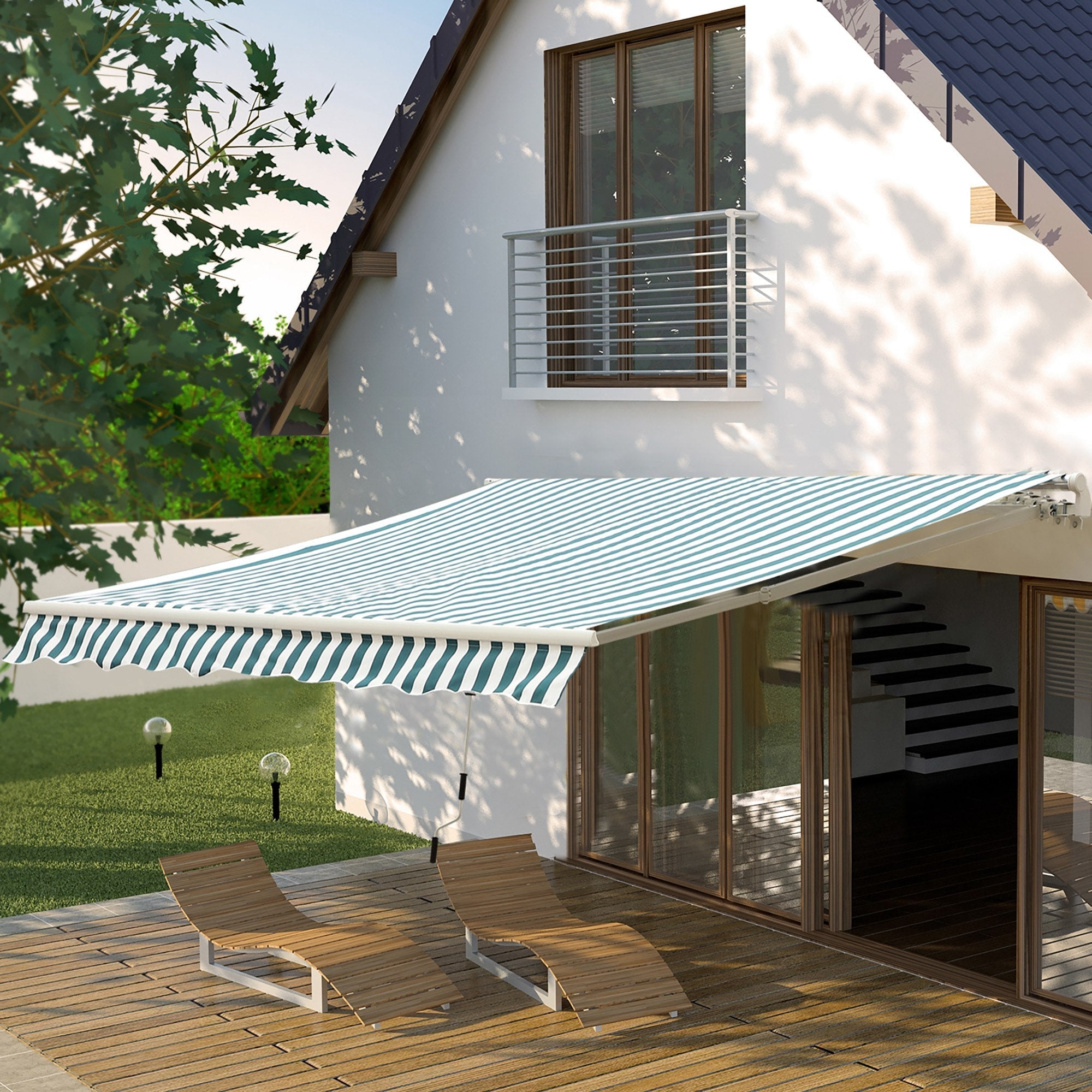 12' x 10' Manual Retractable Awning Outdoor Sunshade Shelter for Patio, Balcony, Yard, with Adjustable &; Versatile Design, Green and White Deck Awnings   at Gallery Canada