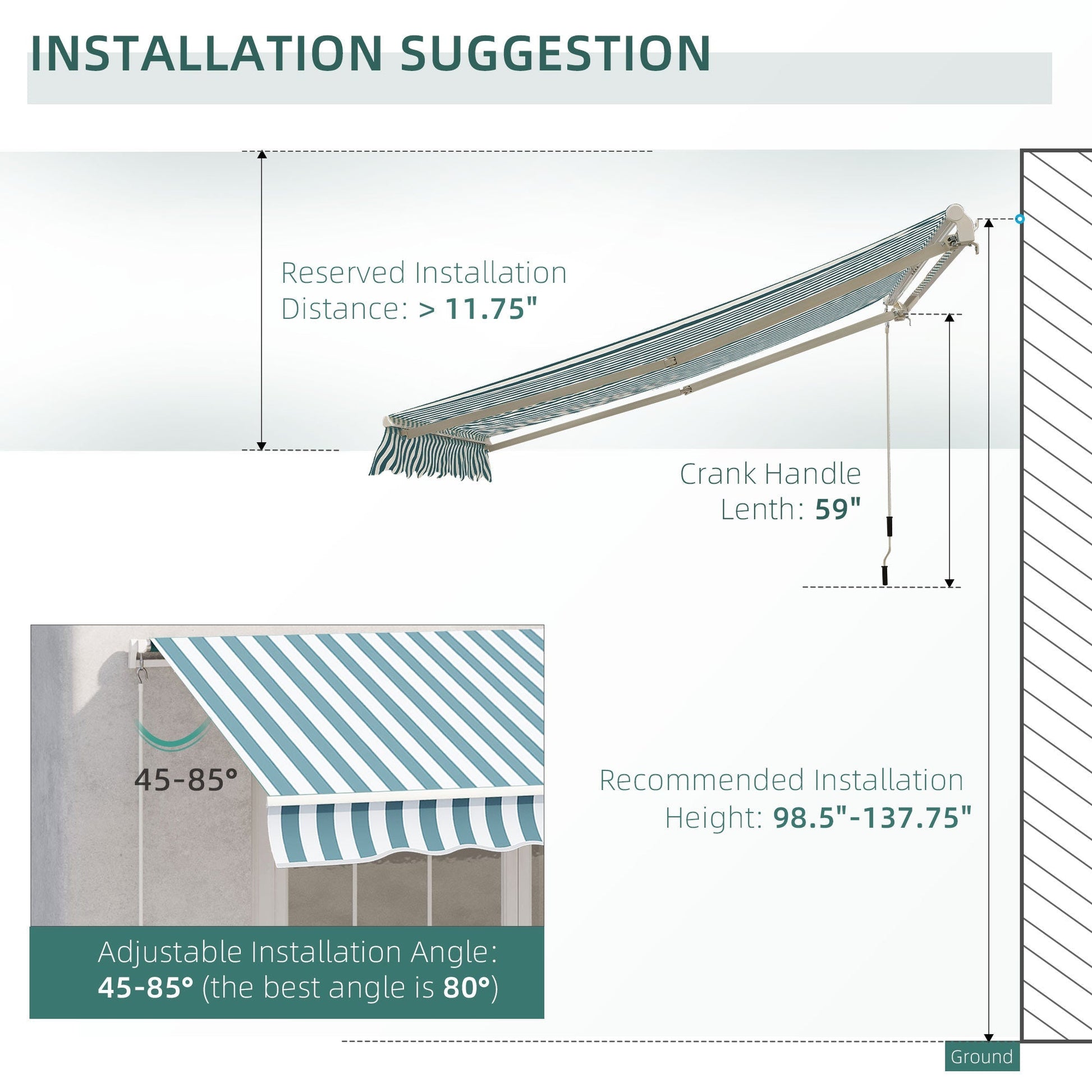 12' x 10' Manual Retractable Awning Outdoor Sunshade Shelter for Patio, Balcony, Yard, with Adjustable &; Versatile Design, Green and White Deck Awnings   at Gallery Canada