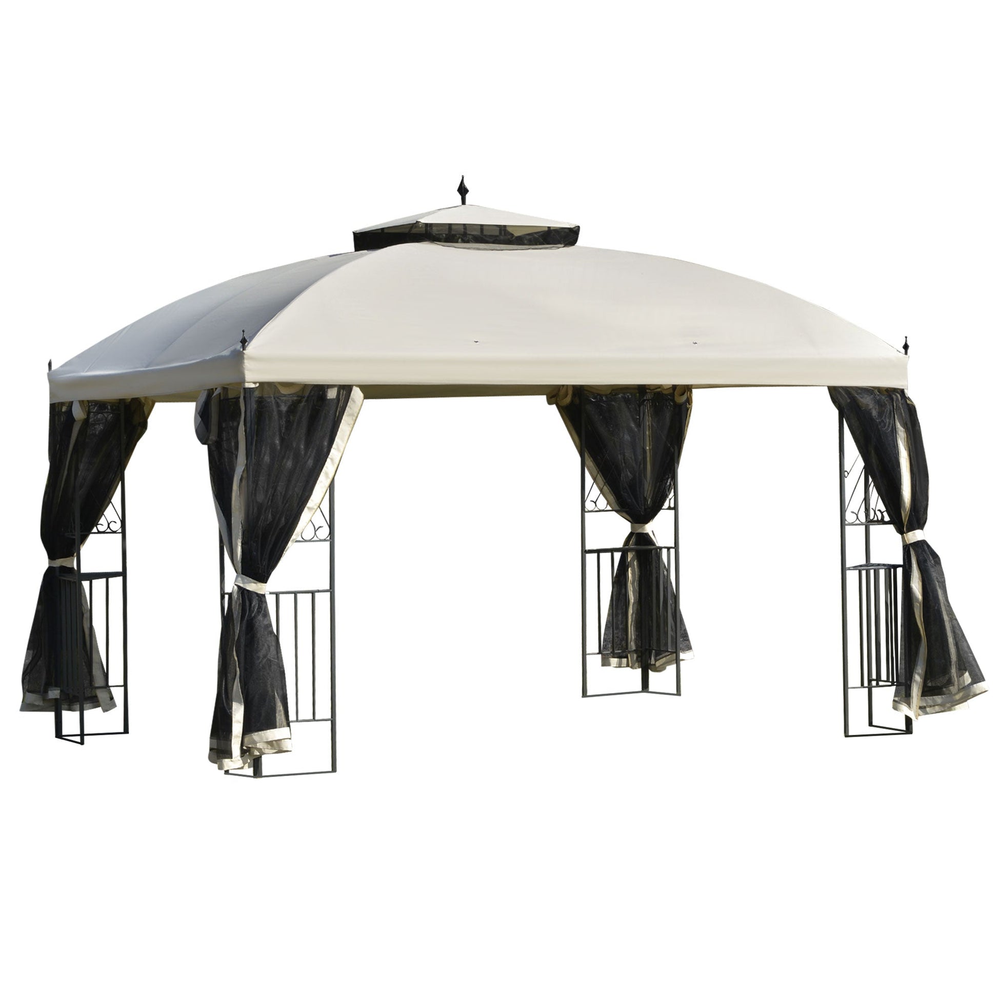 12' x 10' Outdoor Patio Gazebo Canopy with Double Tier Roof, Removable Mesh Sidewalls, Triangular Display Shelves, Beige Gazebos Beige  at Gallery Canada