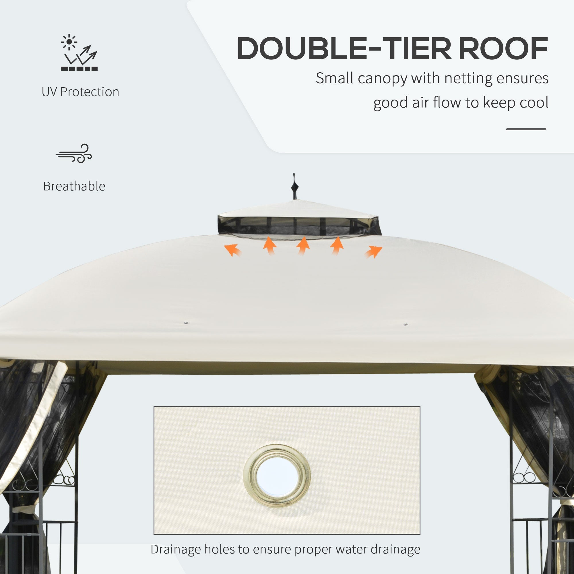 12' x 10' Outdoor Patio Gazebo Canopy with Double Tier Roof, Removable Mesh Sidewalls, Triangular Display Shelves, Beige Gazebos   at Gallery Canada