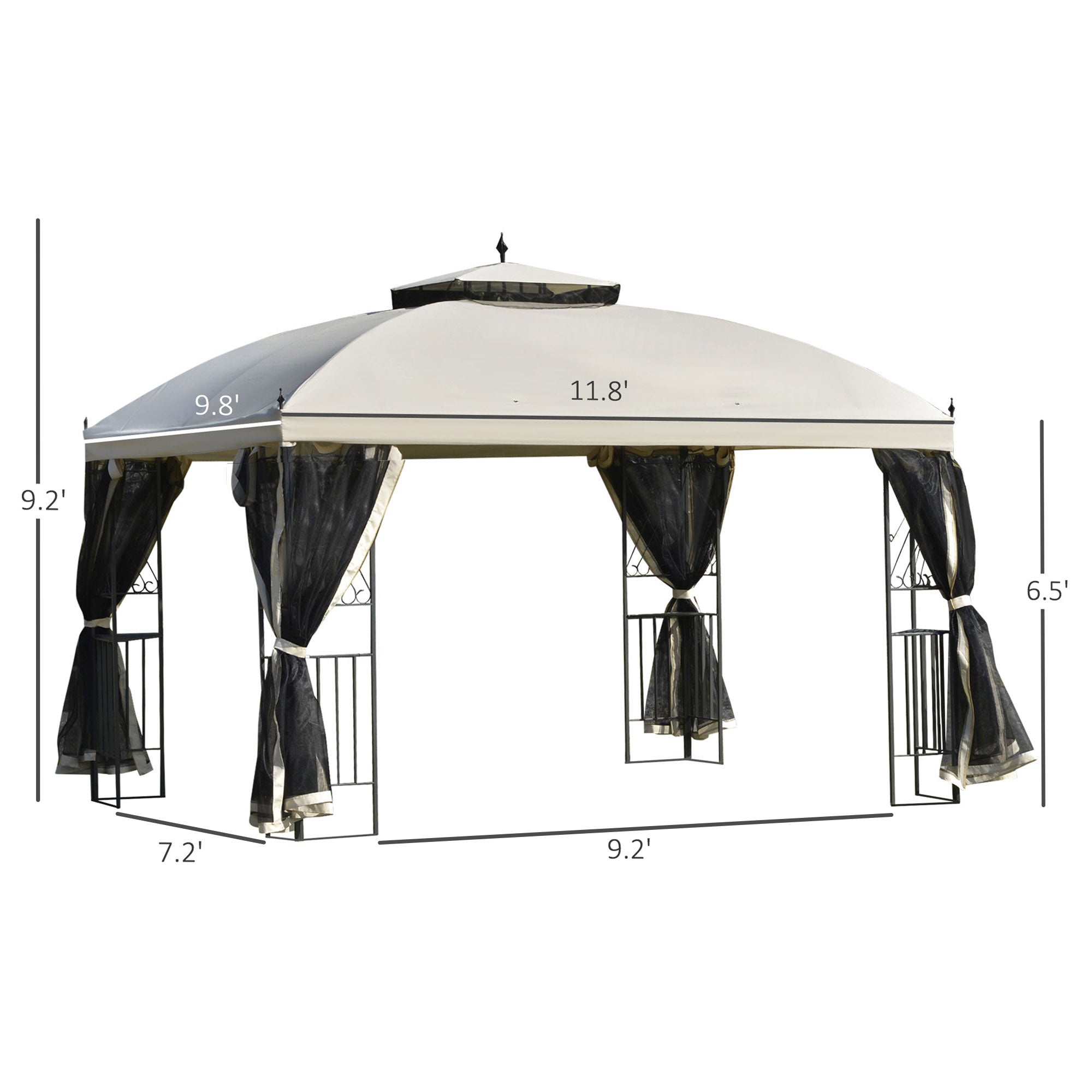 12' x 10' Outdoor Patio Gazebo Canopy with Double Tier Roof, Removable Mesh Sidewalls, Triangular Display Shelves, Beige Gazebos   at Gallery Canada