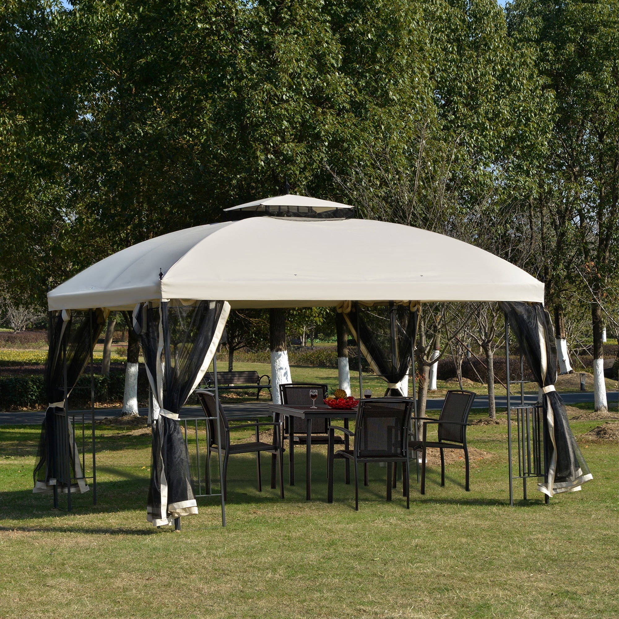 12' x 10' Outdoor Patio Gazebo Canopy with Double Tier Roof, Removable Mesh Sidewalls, Triangular Display Shelves, Beige Gazebos   at Gallery Canada