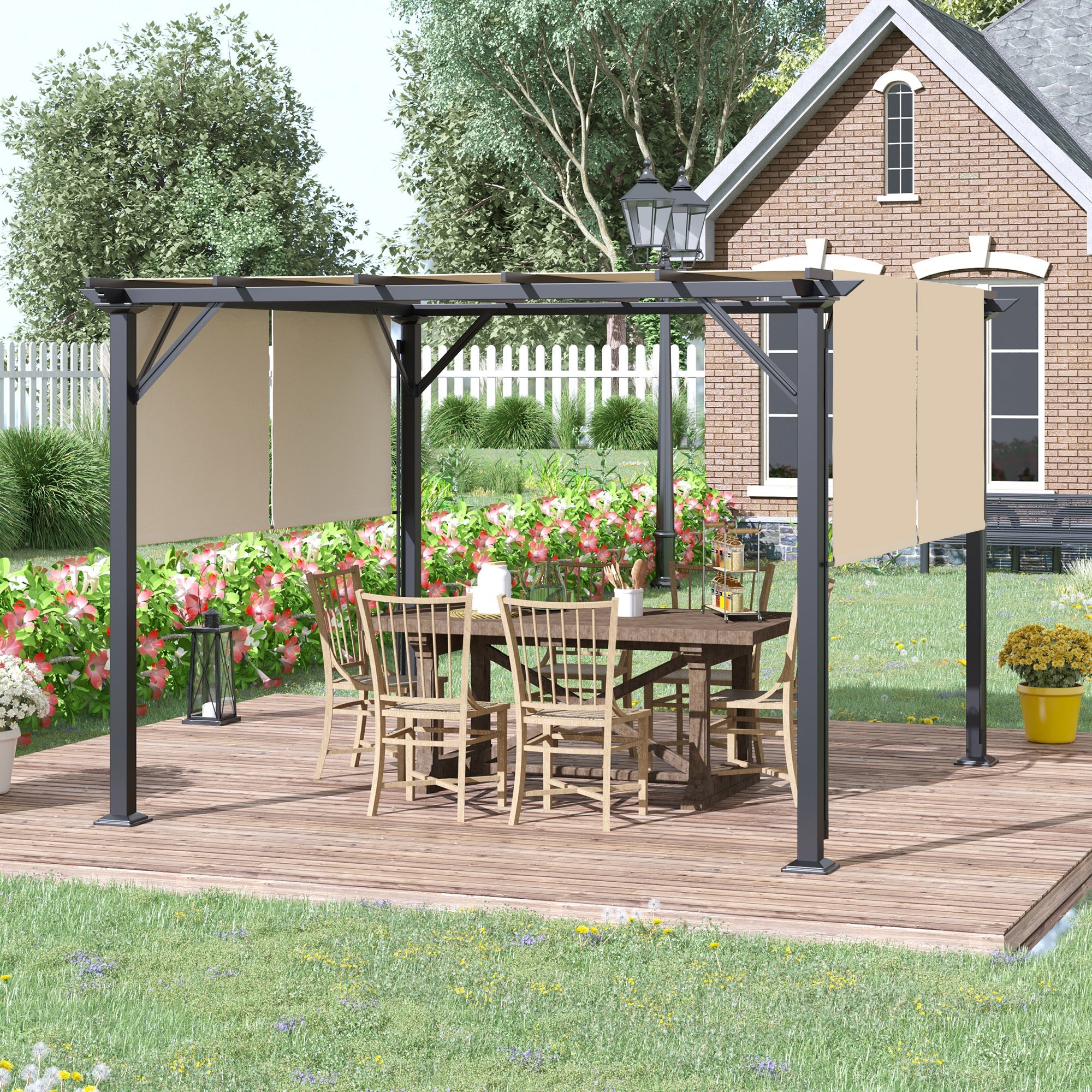 12' x 10' Outdoor Patio Gazebo Pergola with Retractable Canopy Roof, Steel Frame with Stakes, Unique Design, Beige Pergolas   at Gallery Canada