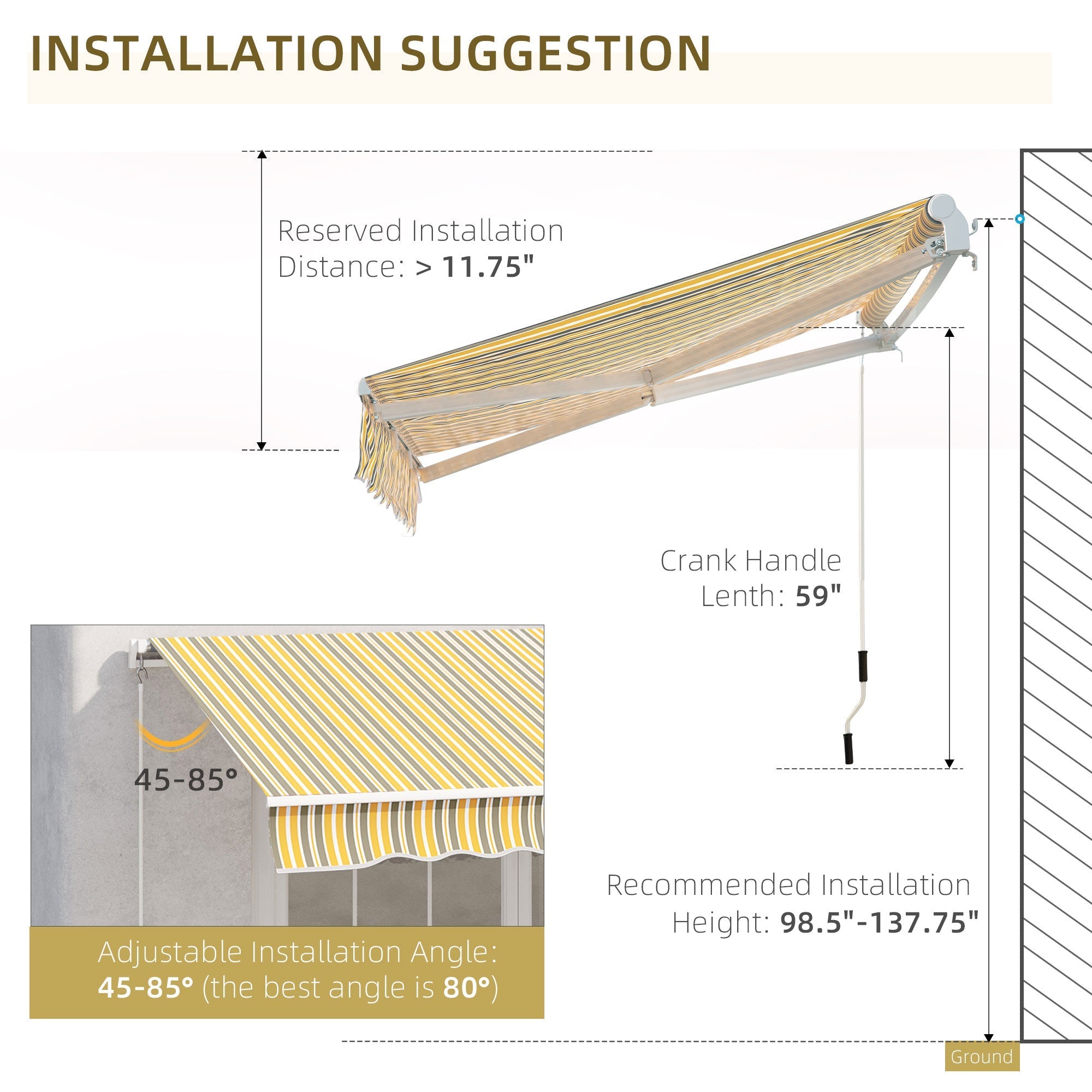 Retractable 12' x 10' Patio Awning with Manual Crank, UV & Water-Resistant, Yellow/Grey Deck Awnings   at Gallery Canada