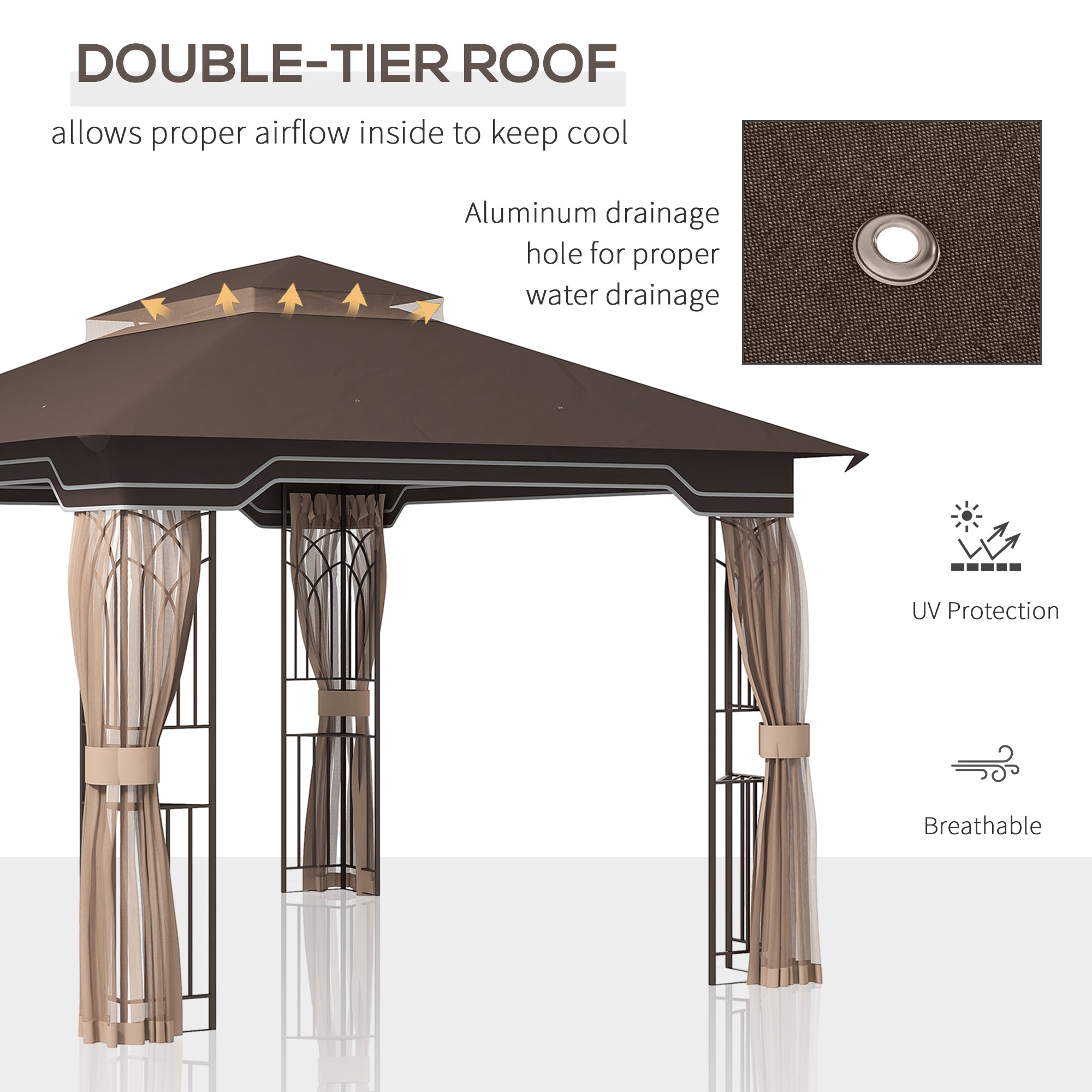 12' x 10' Soft-top Patio Gazebo Covered Gazebo Backyard Tent with Double Tier Roof and Netting Sidewalls, Brown Gazebos   at Gallery Canada