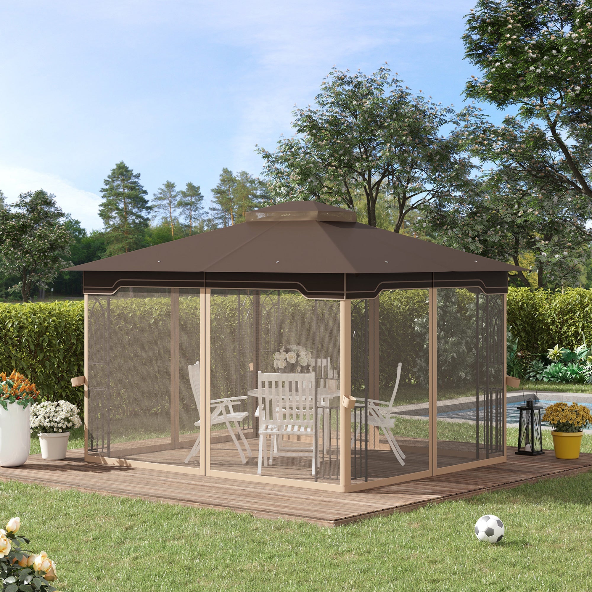 12' x 10' Soft-top Patio Gazebo Covered Gazebo Backyard Tent with Double Tier Roof and Netting Sidewalls, Brown Gazebos   at Gallery Canada