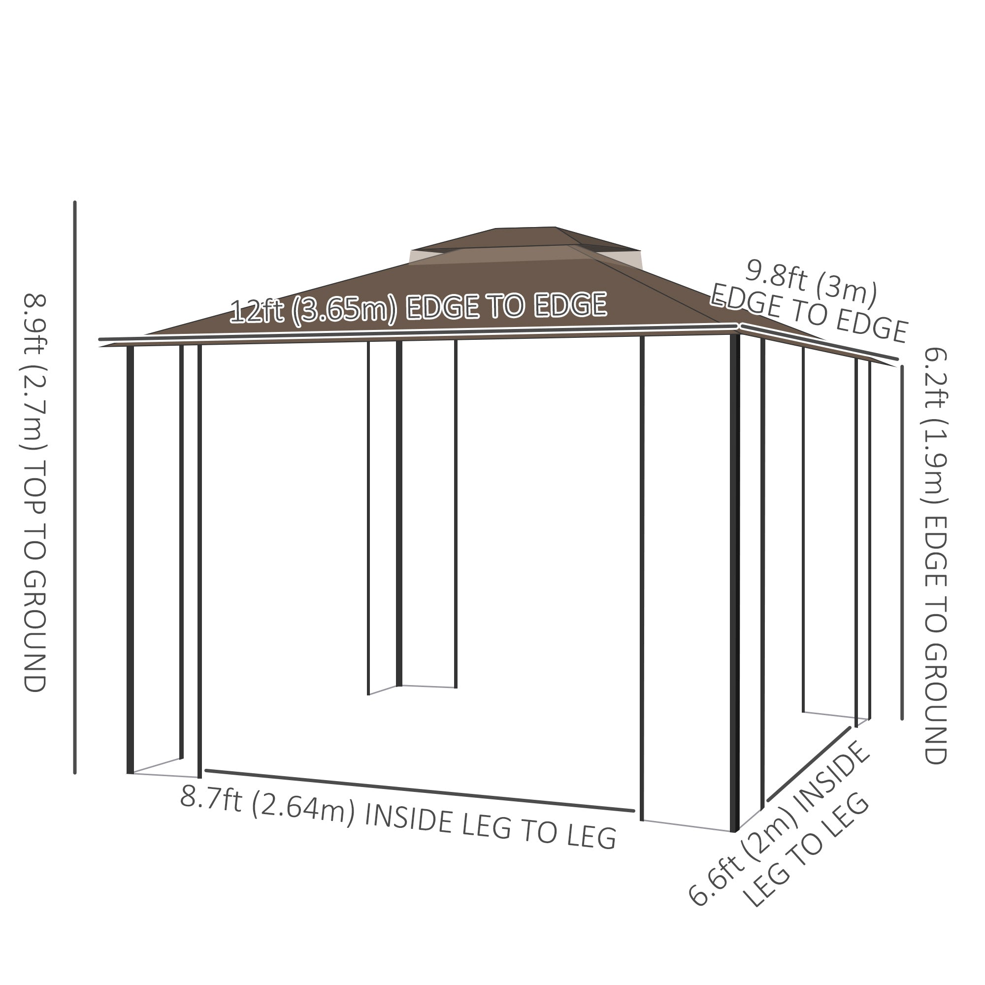 12' x 10' Soft-top Patio Gazebo Covered Gazebo Backyard Tent with Double Tier Roof and Netting Sidewalls, Brown Gazebos   at Gallery Canada