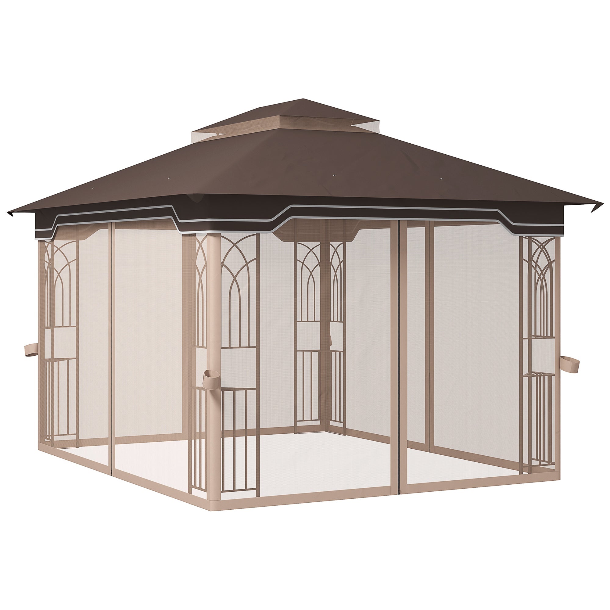 12' x 10' Soft-top Patio Gazebo Covered Gazebo Backyard Tent with Double Tier Roof and Netting Sidewalls, Brown Gazebos Multi Colour  at Gallery Canada