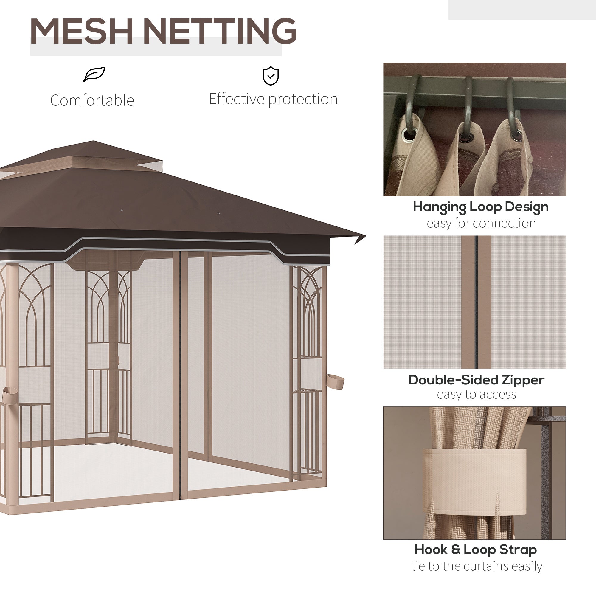 12' x 10' Soft-top Patio Gazebo Covered Gazebo Backyard Tent with Double Tier Roof and Netting Sidewalls, Brown Gazebos   at Gallery Canada